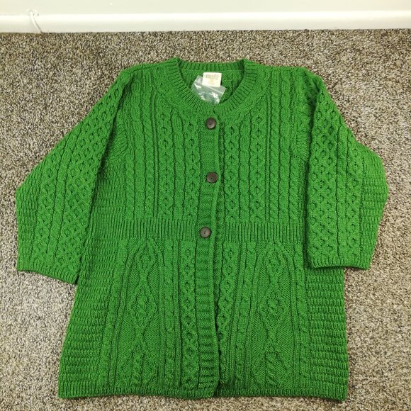 NWT Kilronan Knitwear Sweater Wool Cardigan Cable Knit Fisherman Green Womens XL - Picture 1 of 8